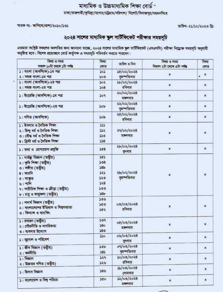 ২০২৪ সালের এসএসসি পরীক্ষার রুটিন